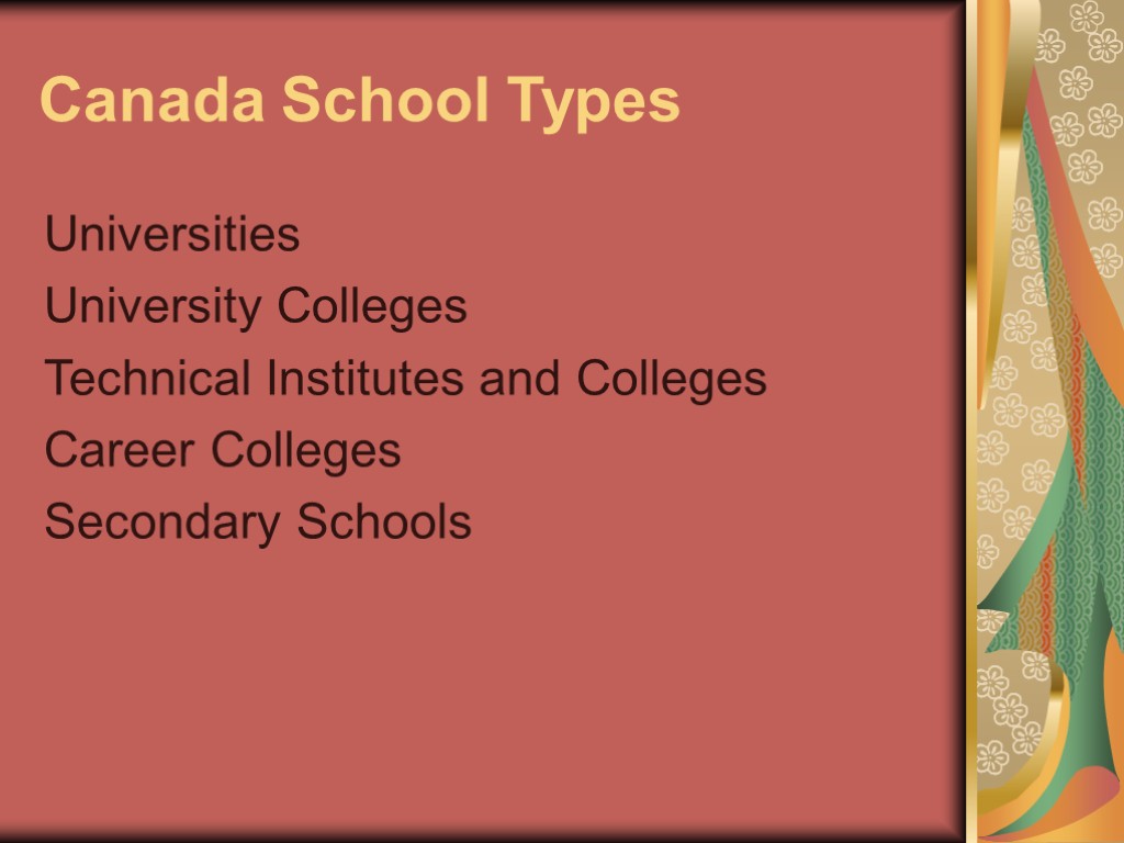 Canada School Types Universities University Colleges Technical Institutes and Colleges Career Colleges Secondary Schools